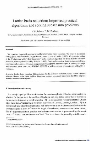 Lattice basis reduction : improved practical algorithms and solving subset sum problems