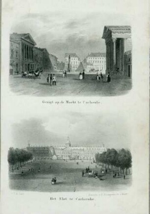 Ansichten von Karlsruhe: 1. Marktplatz: Gezigt op de Markt te Carlsruhe 2. Het Slot te Carlsruhe