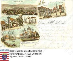 Michelstadt im Odenwald, Panorama und Einzelansichten / Marktplatz; Schloss Fürstenau mit Torbogen; Kloster Steinbach; Schloss Fürstenau; Mümling
