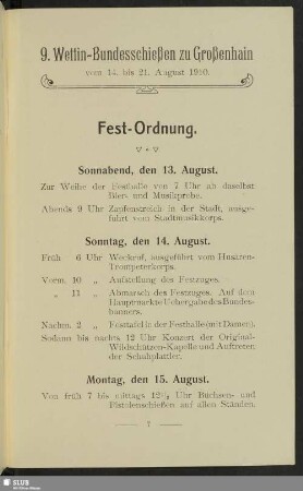 9. Wettin-Bundesschießen zu Großenhain vom 14. bis 21. August 1910. Fest-Ordnung