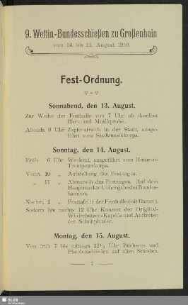 9. Wettin-Bundesschießen zu Großenhain vom 14. bis 21. August 1910. Fest-Ordnung