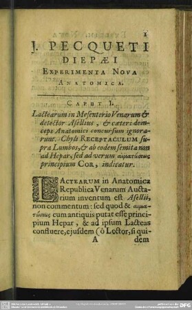 J. Pecqueti Diepaei Experimenta Nova Anatomica