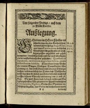 Text folgender Predigt/ auß dem 39. Psalm Davids. Außlegung