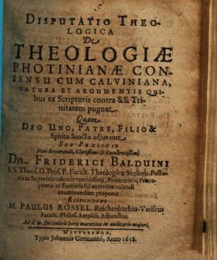 Disputatio Theologica De Theologiae Photinianae Consensu Cum Calviniana ...