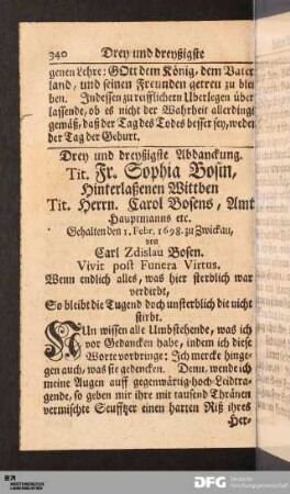 Drey und dreyßigste Abdanckung. Tit. Fr. Sophia Bosin...