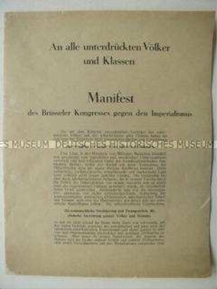 Sonderdruck des Manifestes des Brüsseler Kongresses gegen den Imperialismus, mit Liste der Unterzeichner