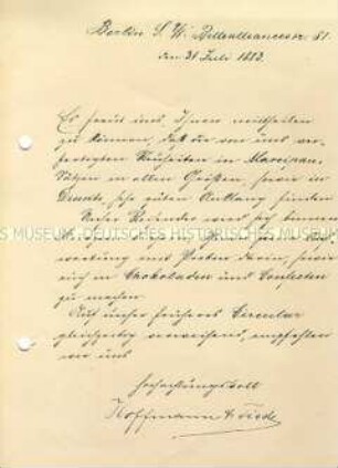Kopie eines handschriftlichen Briefes von Hugo Hoffmann und Paul Tiede über den Erfolg neuer Produkte - Sachkonvolut