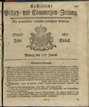 26tes Stueck, Montag den 30ten Junius 1794