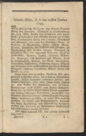 Lotterie-Edict, d.d. den 20sten Junius 1794