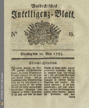 No. 19, Dienstag den 10. Mey 1785