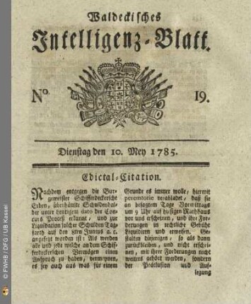 No. 19, Dienstag den 10. Mey 1785
