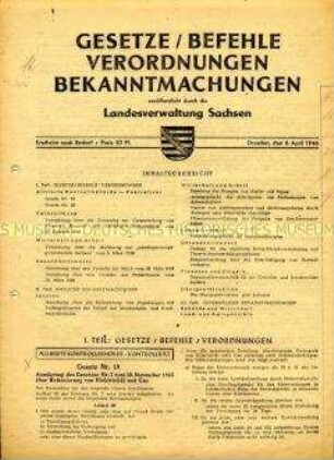 Amtsblatt der Landesverwaltung Sachsen u.a. zur Rationierung von Gas und Strom und zur Zulassung von Kulturdarbietungen