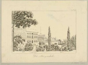 Die Bürgerschule in Leipzig auf dem Fundament der Moritzbastei südöstlich der alten Stadtmauer, Baubeginn 1796, Blick in nordöstliche Richtung auf die Paulinerkirche