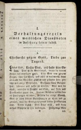I. Verhaltensregeln eines weiblichen Dienstboten in Ansehung seiner selbst.