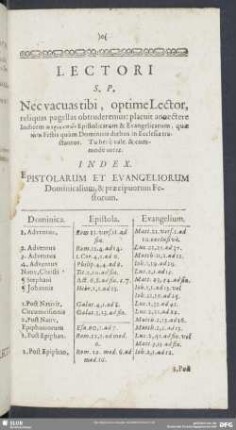 Index Epistolarum Et Evangeliorum Dominicalium, & praecipuorum Festorum