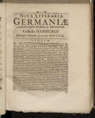 Nova Literaria Germanieæ Mensis Januarii MDCCIX.