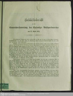 1872: Geschäftsbericht an die Generalversammlung des Blasewitzer Waldparkvereins