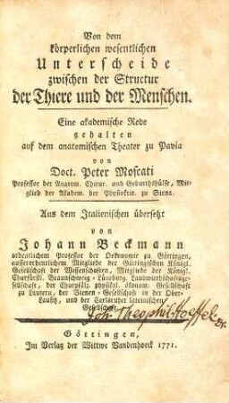 Von dem körperlichen wesentlichen Unterscheide zwischen der Structur der Thiere und der Menschen : Eine akademische Rede gehalten auf dem anatomischen Theater zu Pavia