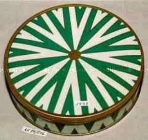 Blechdose für Gebäck (auf Boden: H. BAHLSENS KEKSFABRIK K.G. HANNOVER - Abbildung von Streifen, strahlenförmig von der Mitte auslaufend, grün und weiß)
