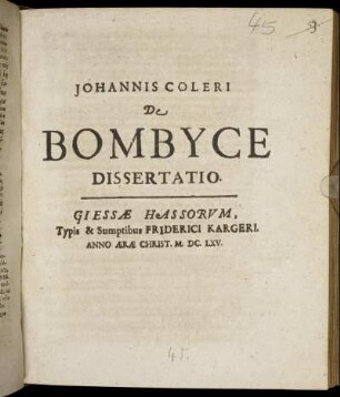 Johannis Coleri De Bombyce Dissertatio