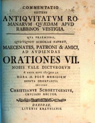 Commentatio sistens antiquitatum romanarum quaedam apud Rabbinos vestigia