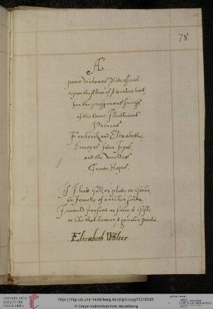 Teil V: Elizabeth Walter, Glückwünsche zur Hochzeit von Kurfürst Friedrich V. von der Pfalz mit Elizabeth Stuart