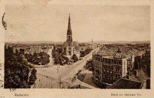 Postkartenalbum mit Motiven von Karlsruhe. "Karlsruhe. Partie am Durlacher Tor". Luftaufnahme des Durlacher Tor-Platzes mit Bernharduskirche