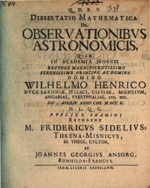 Diss. mathemat. de observationibus astronomicis