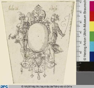 Leeres Schild mit allegorischen Figuren