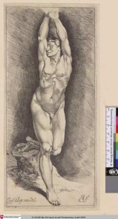 [Studie eines stehenden Mannes mit erhobenen Armen, das abgewinkelte linke Bein rückwärtig auf einen Baumstumpf gestützt; A Male Nude with Raised Arms]