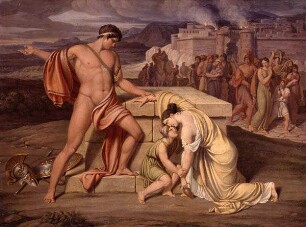 Andromache und Sohn Astyanax mit Phyrrhus an Hektors Grab