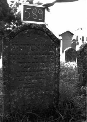 Grabstein 589 (Index: 100102452) Material: Sandstein Zustand: leicht verwittert, unten abgeblättert Maße HxBxT: 104x55x10 cm Beschreibung: Stele, Konvexbogenabschluss, Schriftfeld eingetieft: Grabstein 589