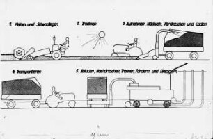 Schemazeichnung: Ernteverfahren, Getreide, Schwadleger, Feldhäcksler gezogen, Dreschmaschine