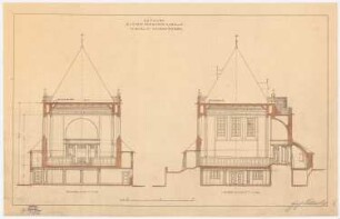 Friedhof Heerstraße, Berlin Feierhalle. Vorentwurf: Längsschnitt und Querschnitt 1:100