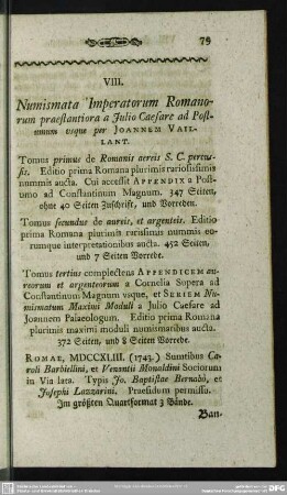 VIII. Numismata Imperatorum Romanorum praestantiora a Julio Caesare ad Postumus usque per Joannem Vaillant