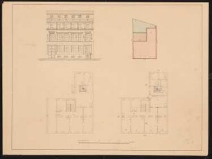 Dreigeschossiges Wohnhaus mit Seitenflügel und sechsachsiger Vorderfront: Lageplan, Vorderansicht, Grundriss Erd- und Obergeschoss