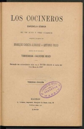 Los cocineros : zarzuela cómica en un acto y tres cuadros