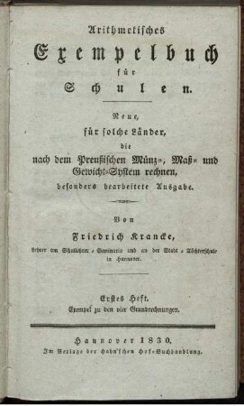 Heft 1: Arithmetisches Exempelbuch für Schulen. Erstes Heft