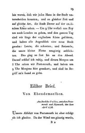 11. Von Ebendemselben - Am Bord der Pallas, zwischen Portsmouth und Plymouth, den 6ten April 1776.
