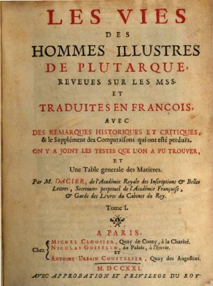 Les Vies Des Hommes Illustres De Plutarque, 1