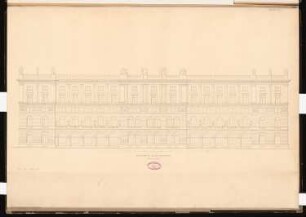 Gasthof 1. Ranges, Berlin Schinkelwettbewerb 1865: Aufriss Ansicht von der Hauptstraße; Maßstabsleiste