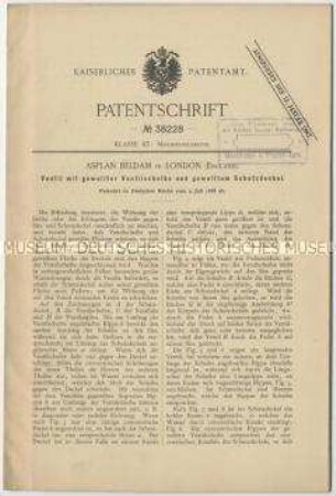 Patentschrift eines Ventils mit gewellter Ventilscheibe und gewelltem Schutzdeckel, Patent-Nr. 38228