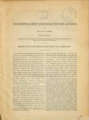 Die körperlichen Eigenschaften der Japaner : Eine anthropologische Studie von Erwin Baelz. [Umschlagtitel.], 2