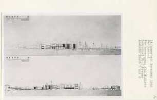 Feriendorf (Diplomarbeit bei Willy Kreuer): Restauration-, Hafen-, Bad- und Spielbezirk, Ansichten von Süden und Westen 1:200