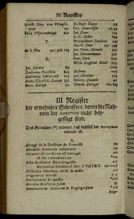 III Register der erwehnten Schrifften, denen die Nahmen der Autorum nicht beygefügt sind.