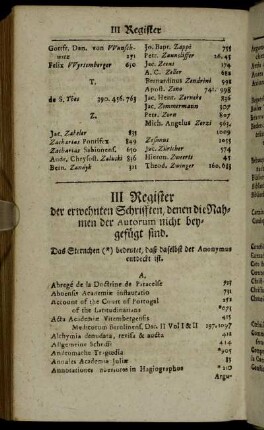 III Register der erwehnten Schrifften, denen die Nahmen der Autorum nicht beygefügt sind.