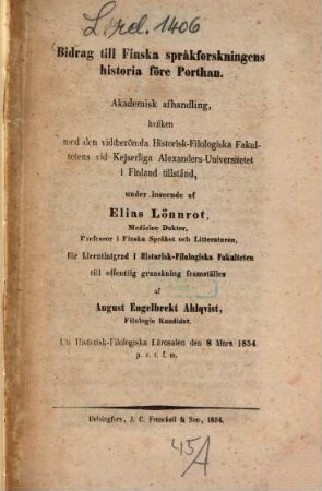 Bidrag till Finska språkforskningens historia före Porthan : Akademisk Afhandling