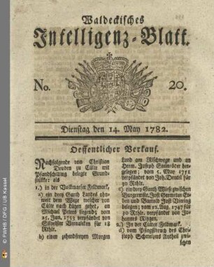 No. 20, Dienstag den 14. May 1782