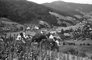 Glottertal: Straße mit Kirche durchs Glottertal; von oben; Vordergrund Reben