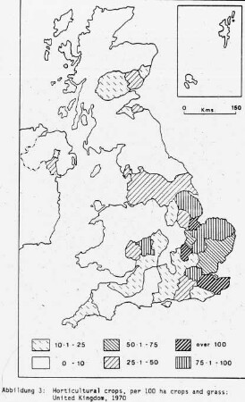 Horticultural crops, per 100 ha crops and grass : United Kingdom 1970